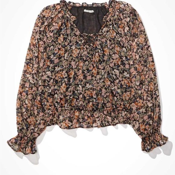 American Eagle • Chiffon Lace Up Blouse in Washed Black - Picture 2 of 15